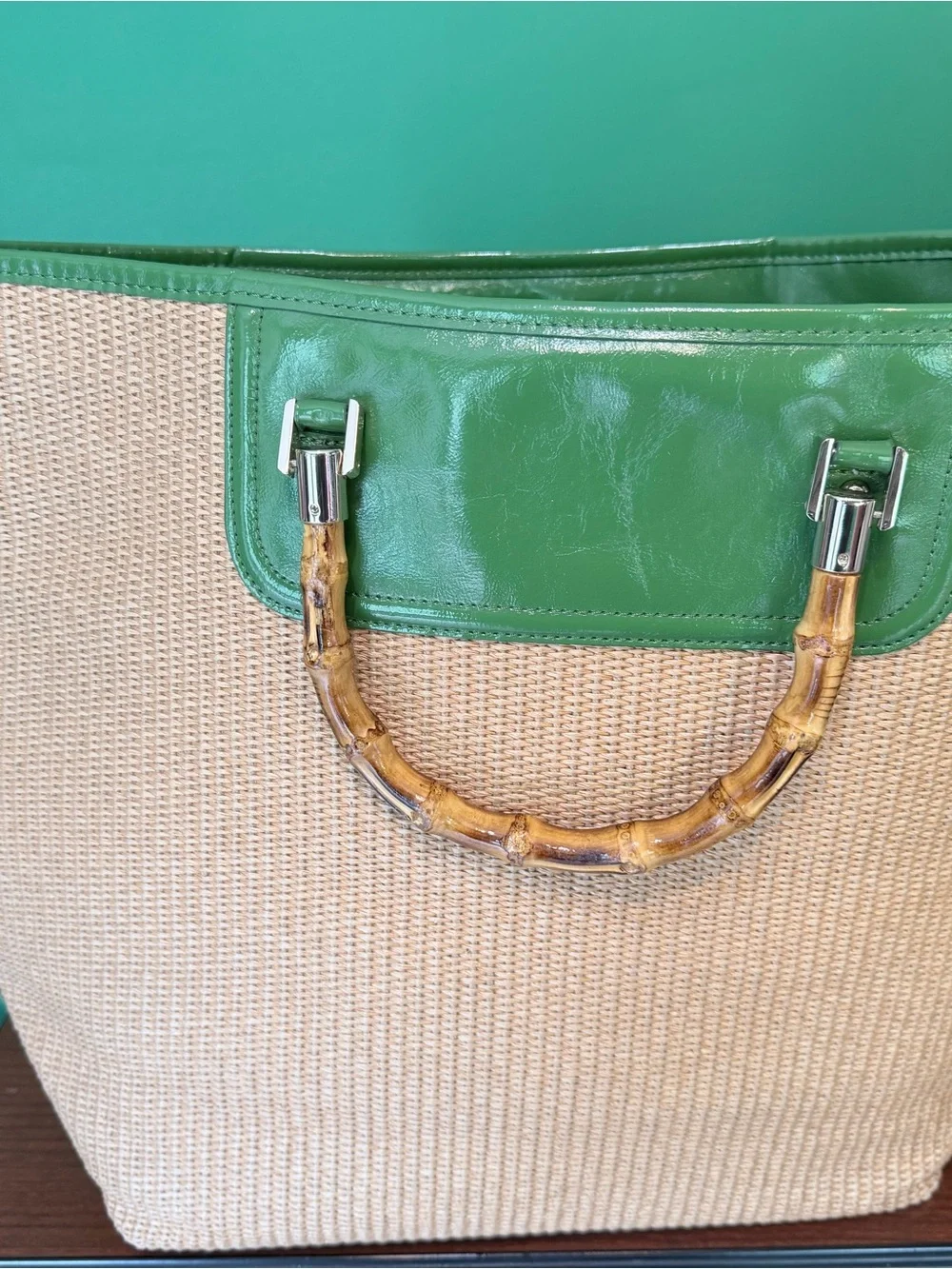 Talbots Woven Straw Tote Bamboo Handles Green Trim Coastal Resort Beach Bag